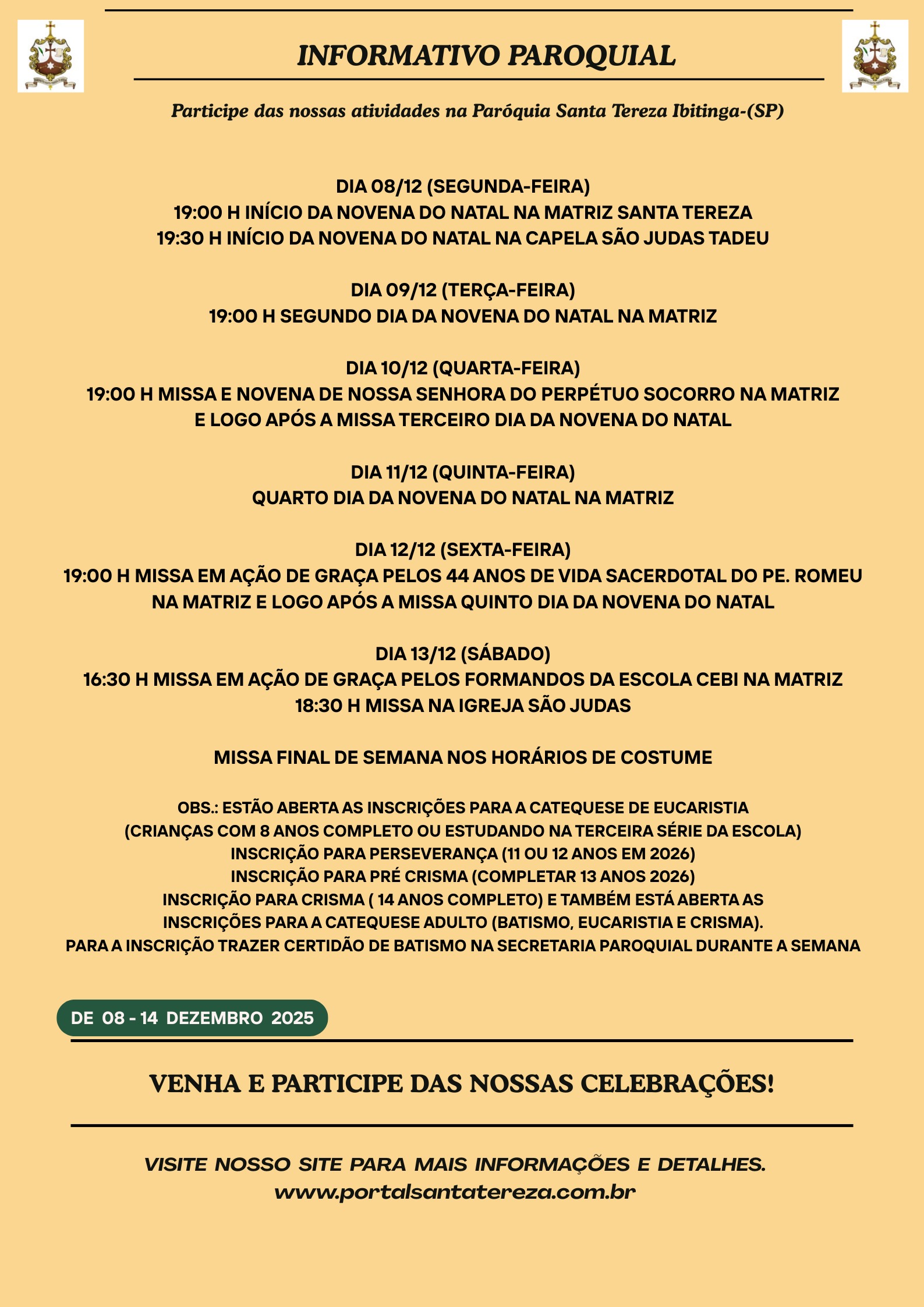 Atividades da Paróquia 08 - 14 Dezembro 2025